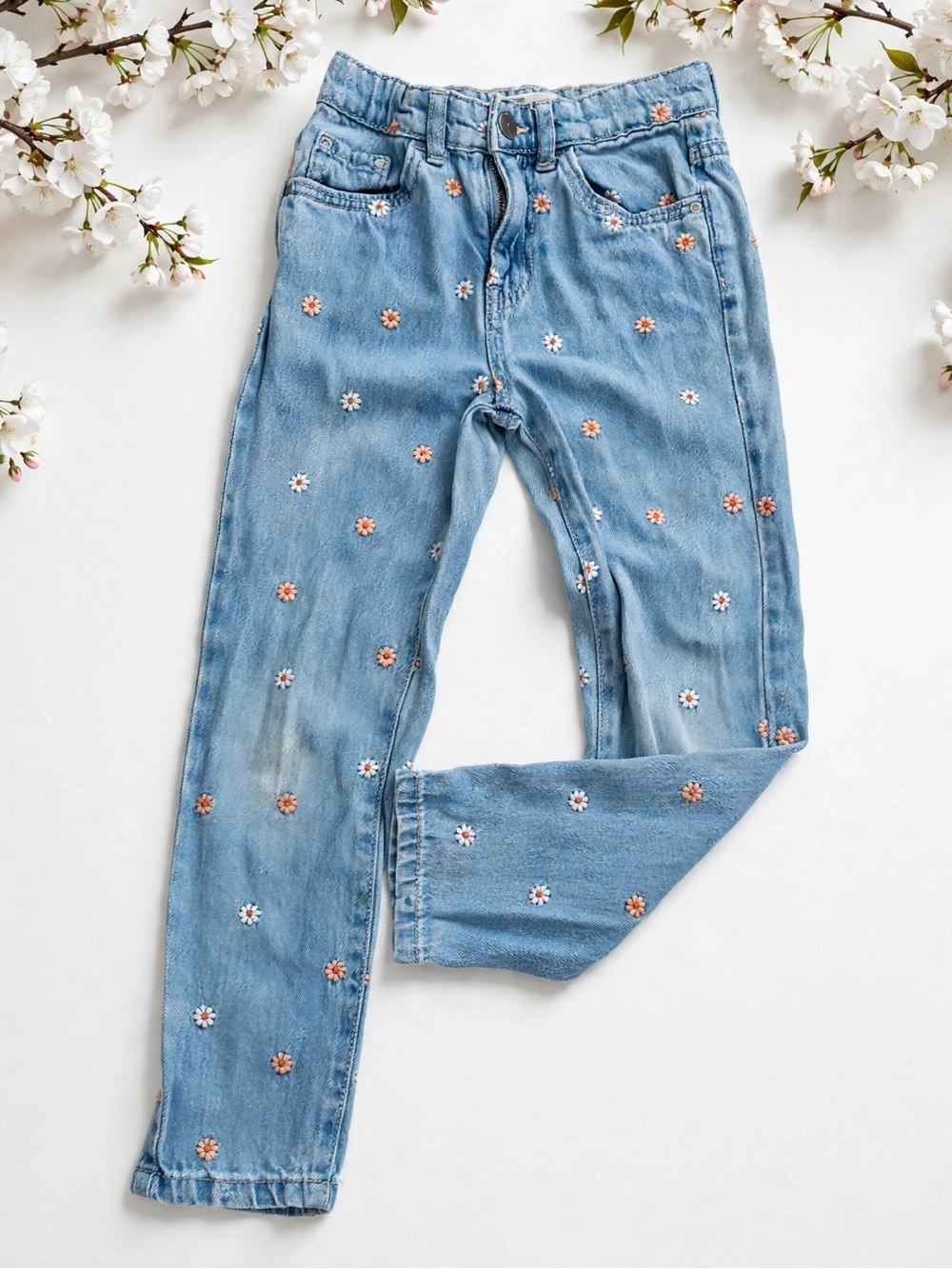 Embroidered Daisy Light Blue Jeans for Kids